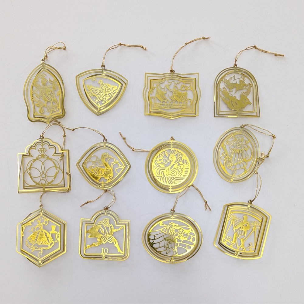 Vintage 70s 12 Days Of Christmas Brass Ornament Set By International Silver Co